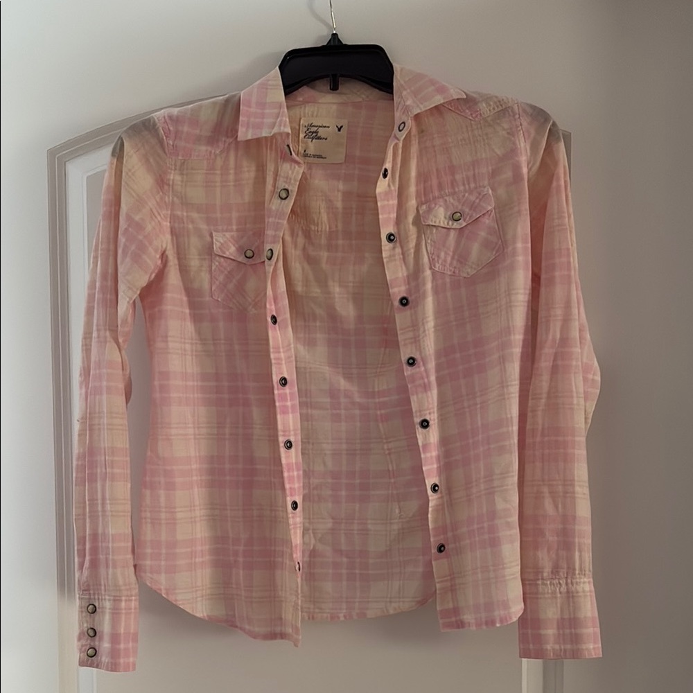 American Eagle Outfitters Pink Plaid Shirt with Buttons